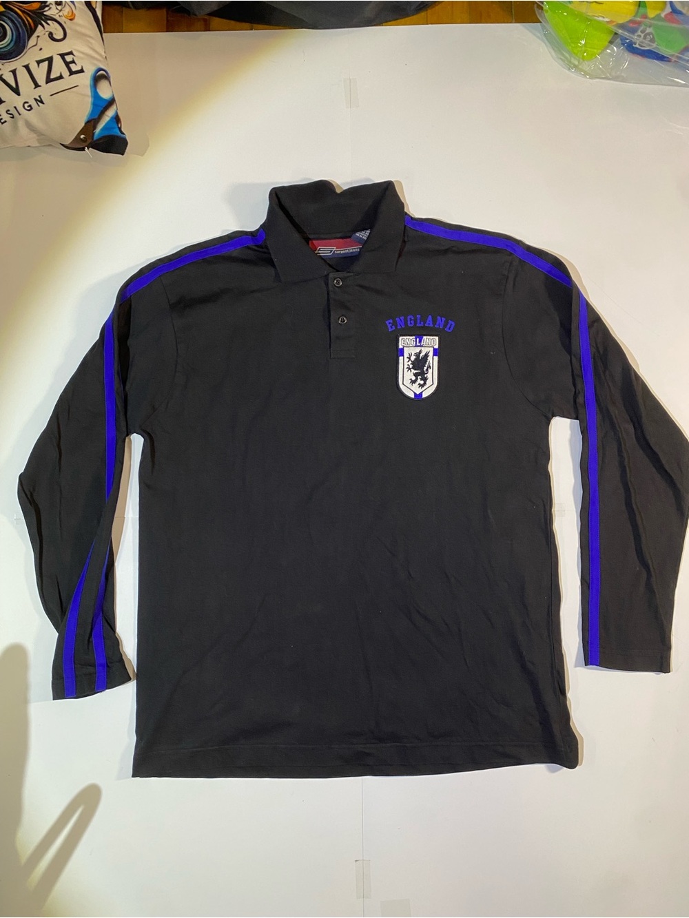 Sergent Jeans England Crest Long-Sleeve Polo Shirt Black w Royal Blue Stripes L